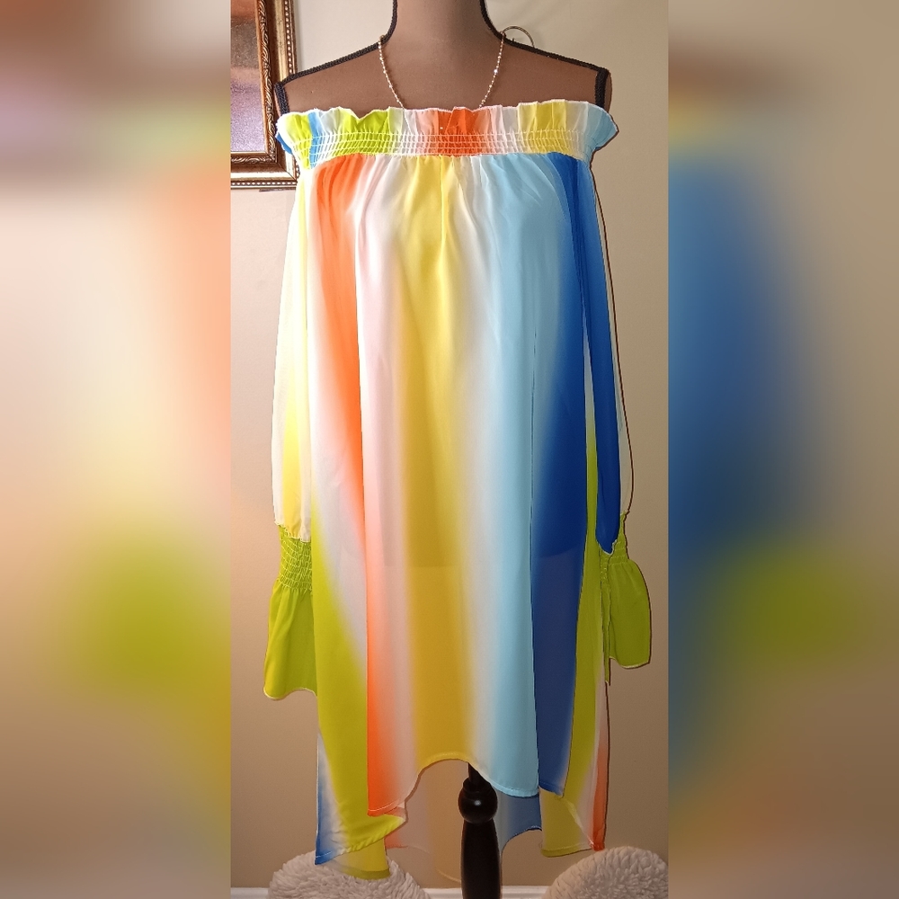 2/$35 Sheer Vertical Multi-Color High-Low Dress, Size XXL (Fits Sizes M-XL)